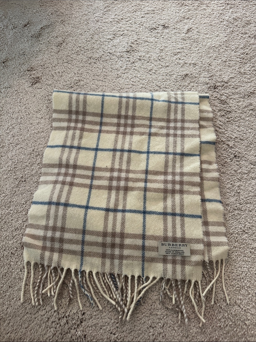 Burberry Cream Plaid Wool Scarf with Blue and Tan Stripes